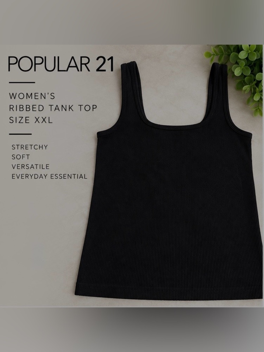 Black Ribbed Square-Neck Tank Top